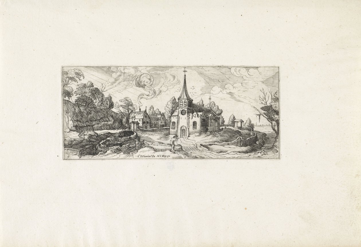 Landschap met een gezicht op een kerk in een dorp door Cornelis Claesz van Wieringen (possibly)