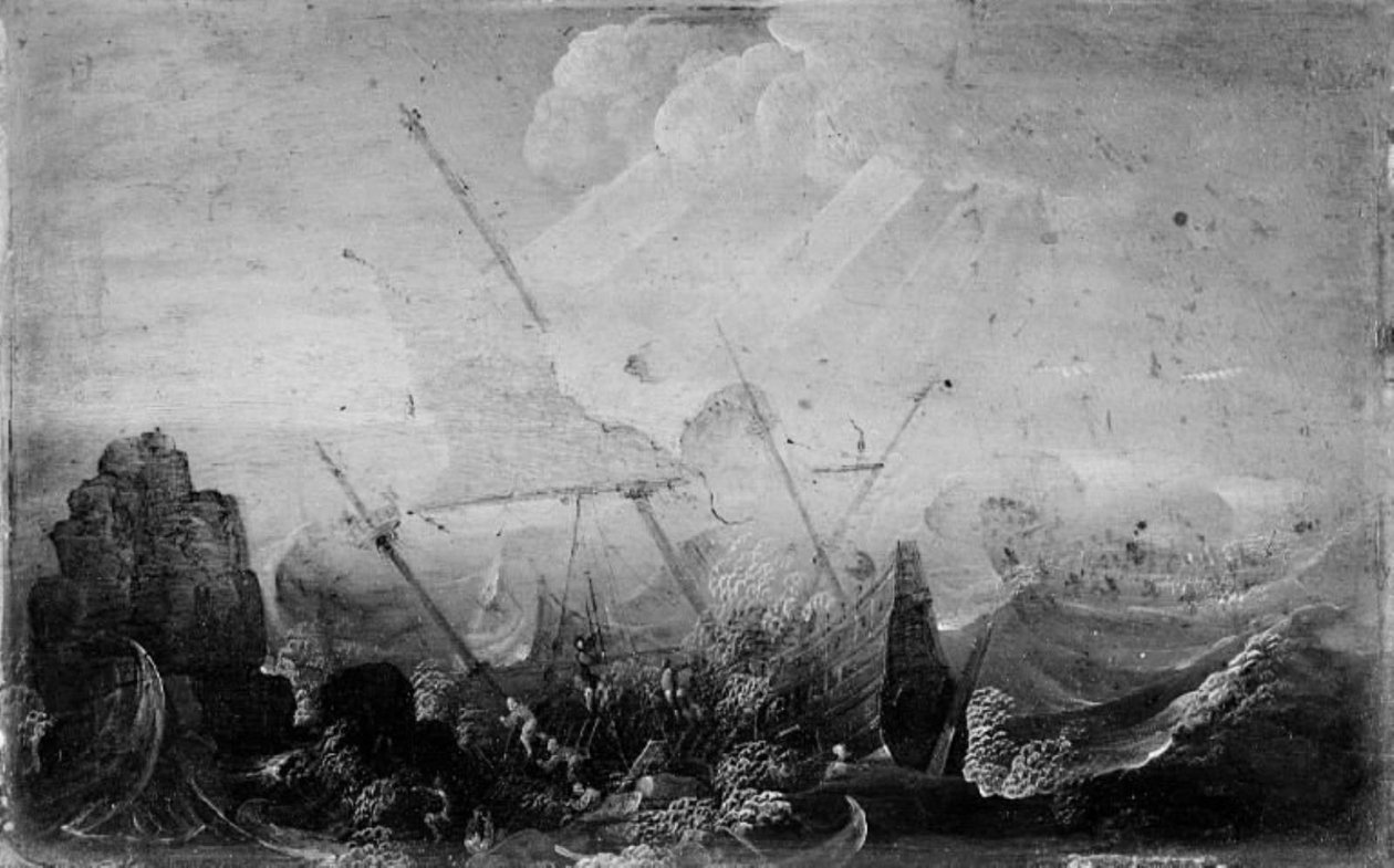 Schipbreuk tegen een rots door Cornelis Claesz  van Wieringen