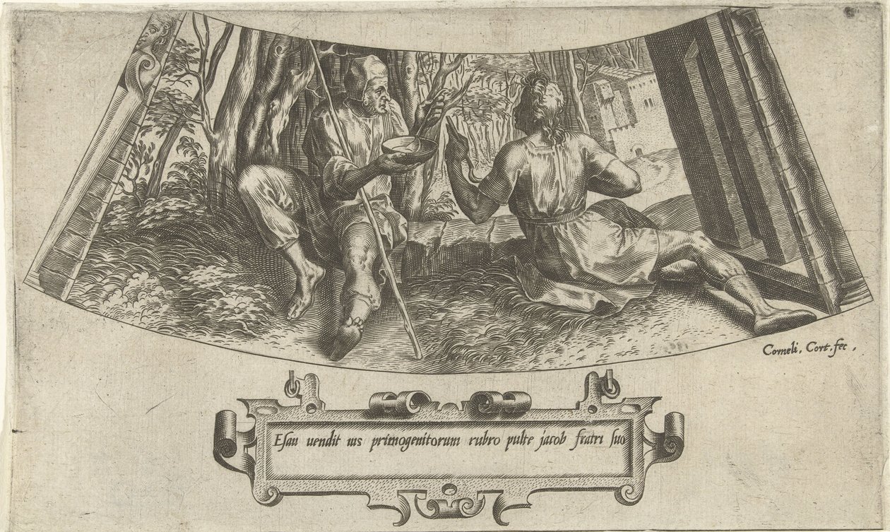 Esau verkoopt zijn eerstgeboorterecht, uit de serie De geschiedenis van Jakob en Esau door Cornelis Cort