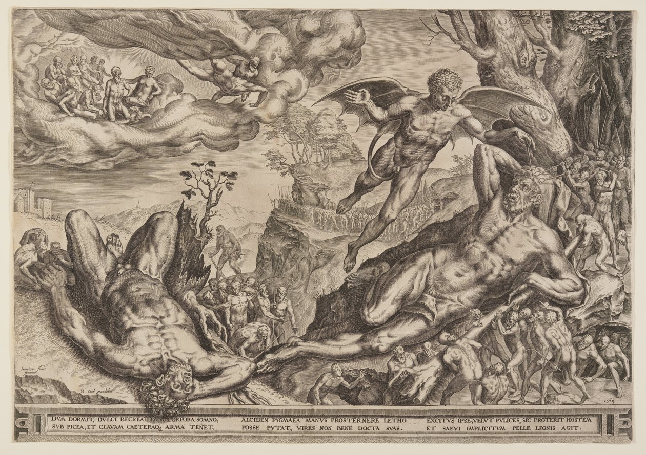 Hercules belegerd door Pygmeeën door Cornelis Cort
