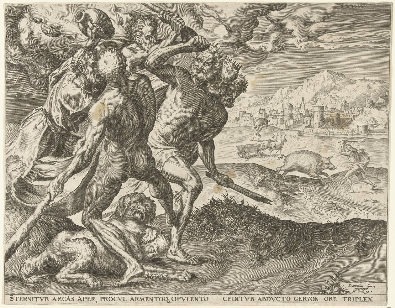 Hercules doodt Geryon en zijn hond Werken van Hercules (serietitel) door Cornelis Cort