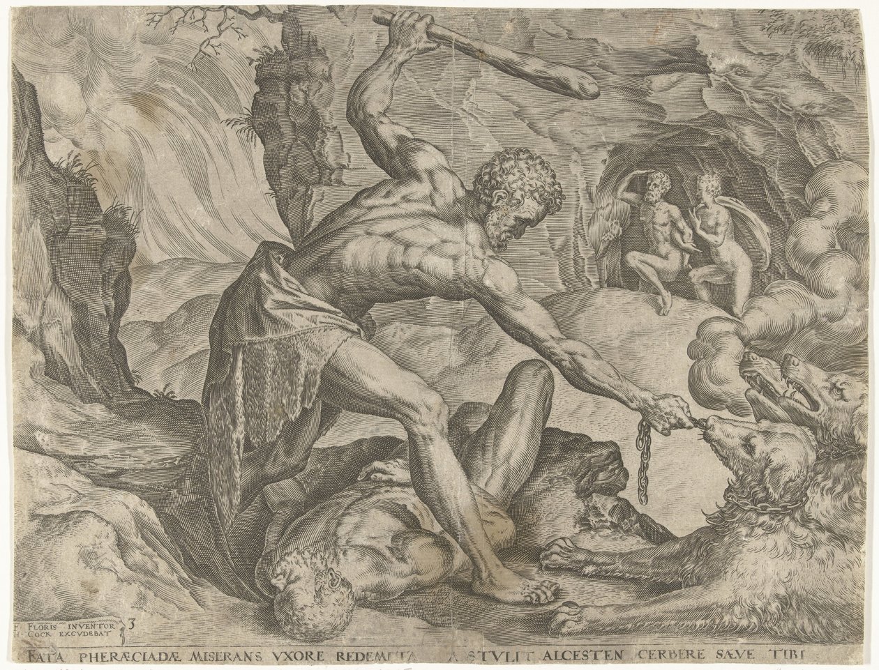 Hercules sleept Cerberus de hel uit (Werken van Hercules) door Cornelis Cort