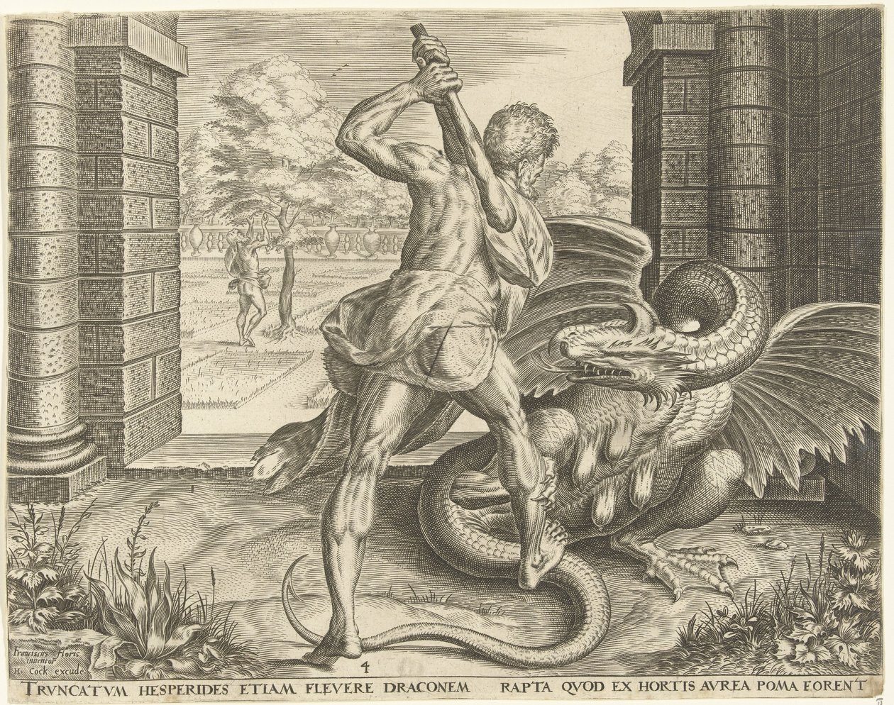 Hercules steelt de gouden appelen van de Hesperiden door Cornelis Cort