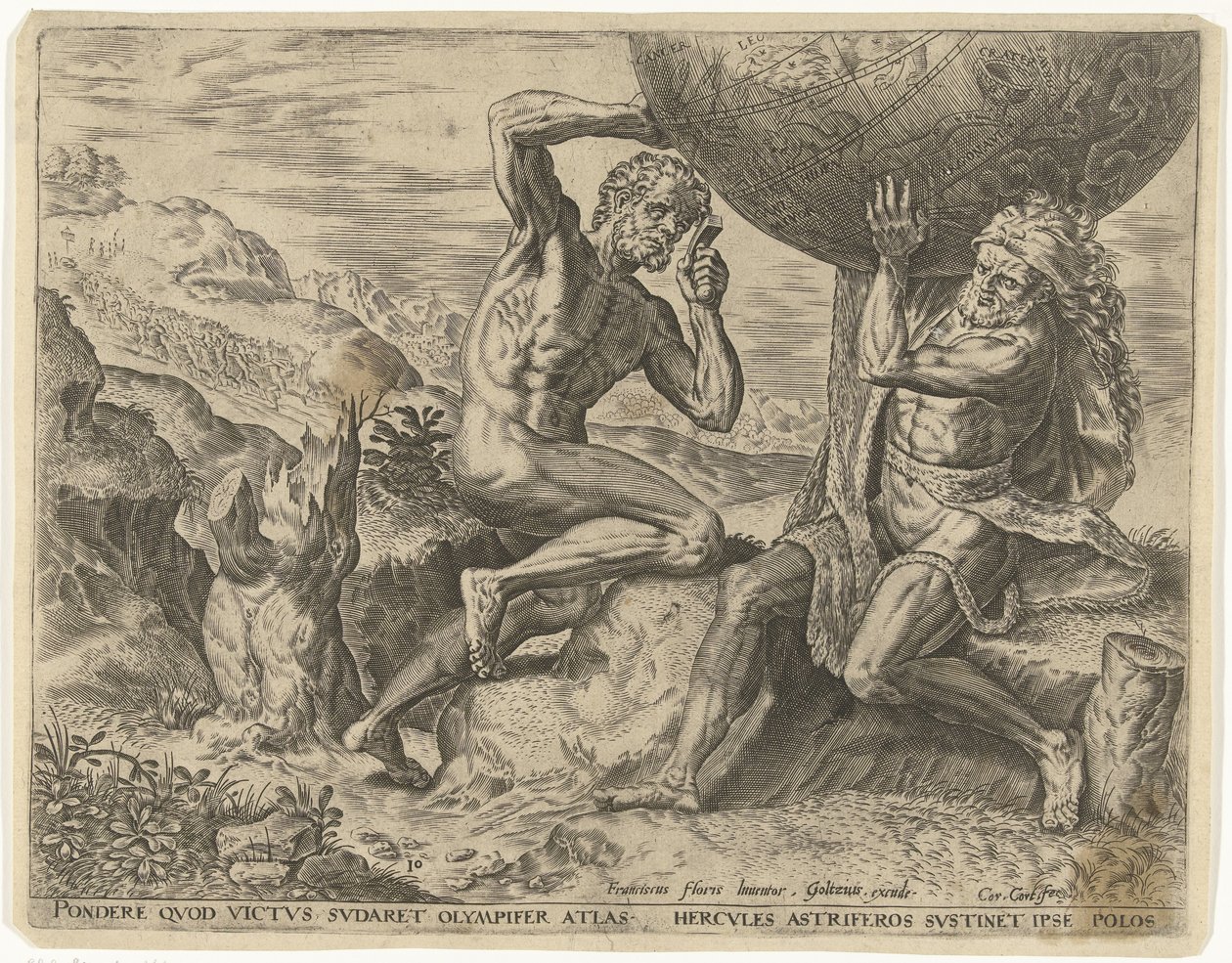 Hercules torst de wereldbol voor Atlas door Cornelis Cort