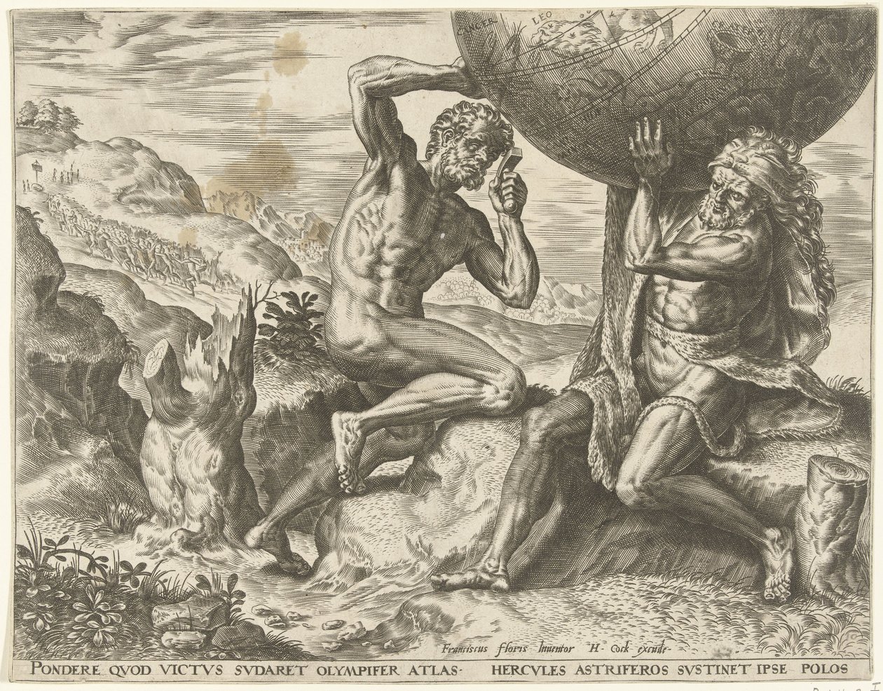 Hercules torst de wereldbol voor Atlas door Cornelis Cort