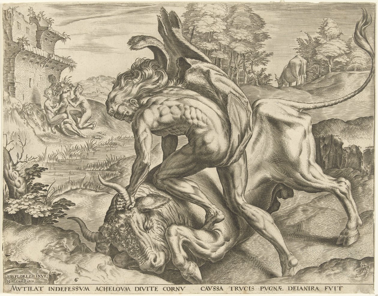 Hercules worstelt met Acheloüs door Cornelis Cort