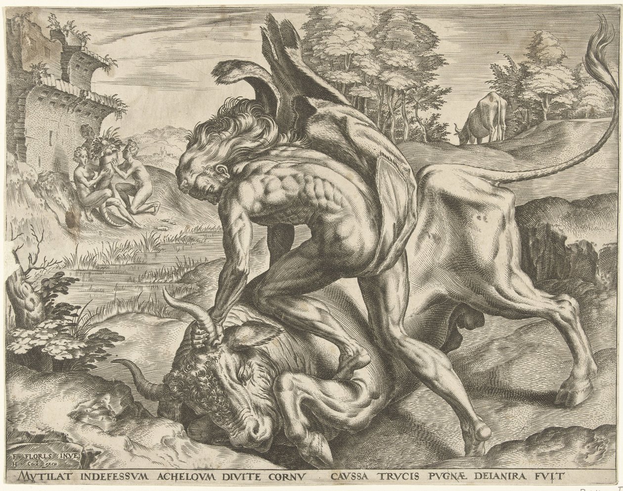 Hercules worstelt met Acheloüs door Cornelis Cort