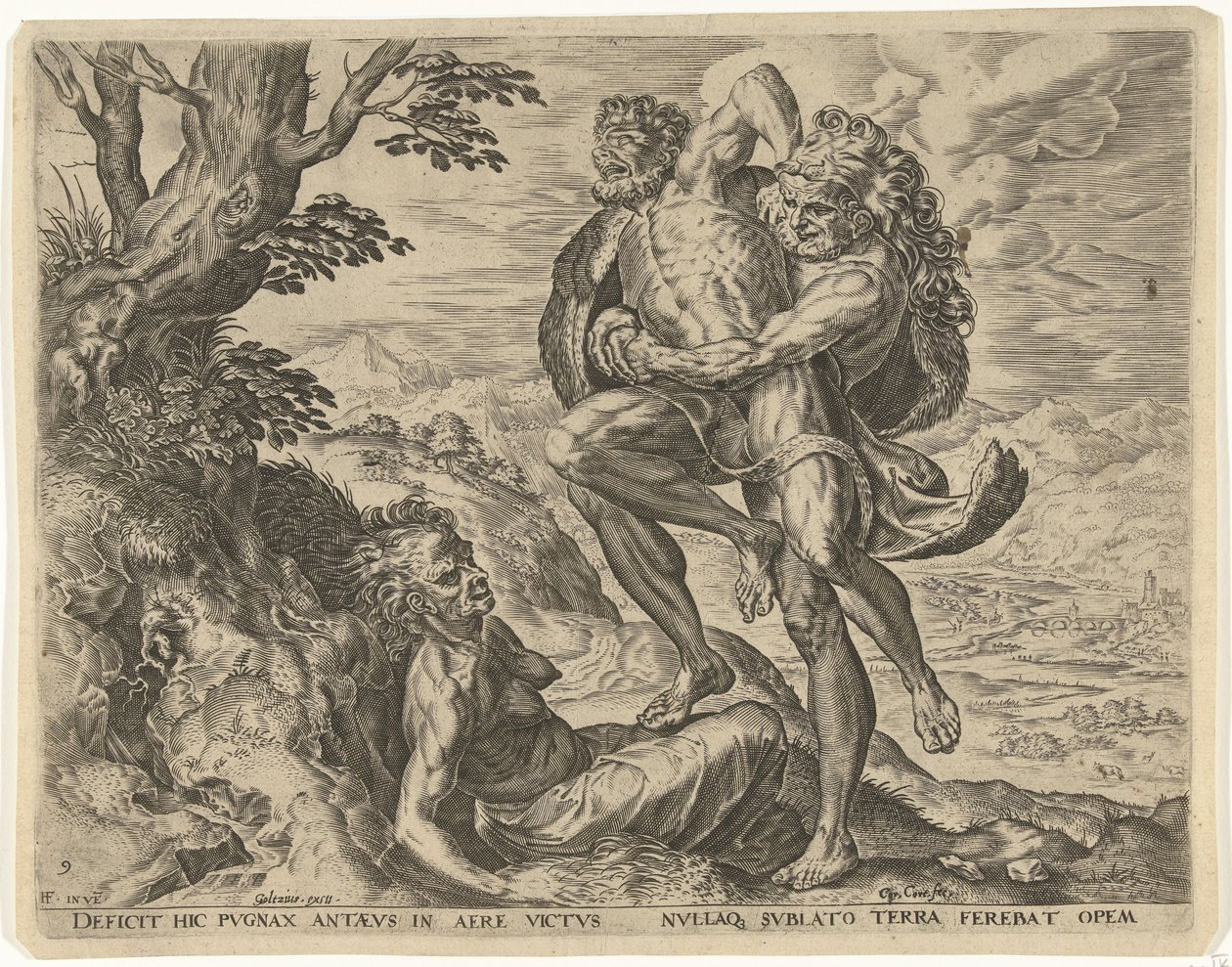 Hercules worstelt met Antaeus door Cornelis Cort