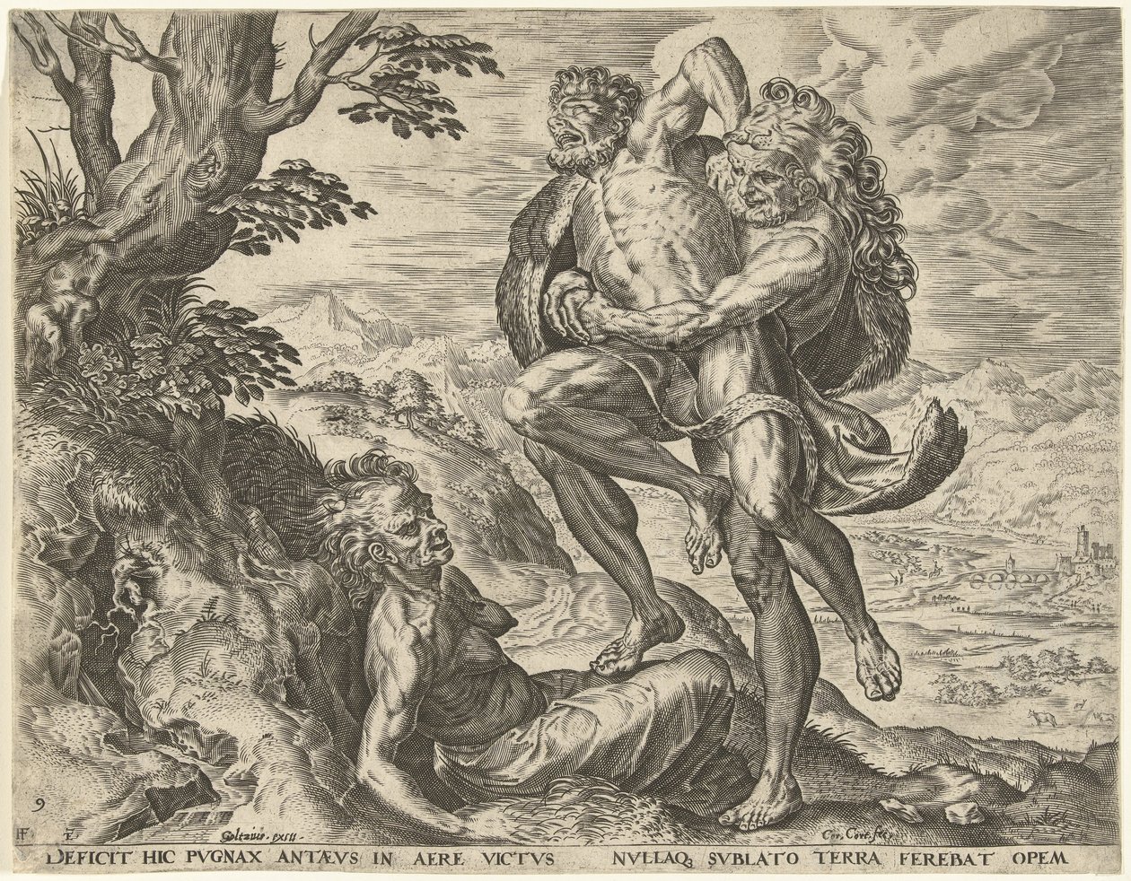 Hercules worstelt met Antaeus door Cornelis Cort