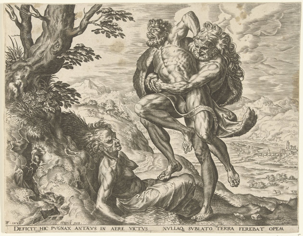 Hercules worstelt met Antaeus door Cornelis Cort