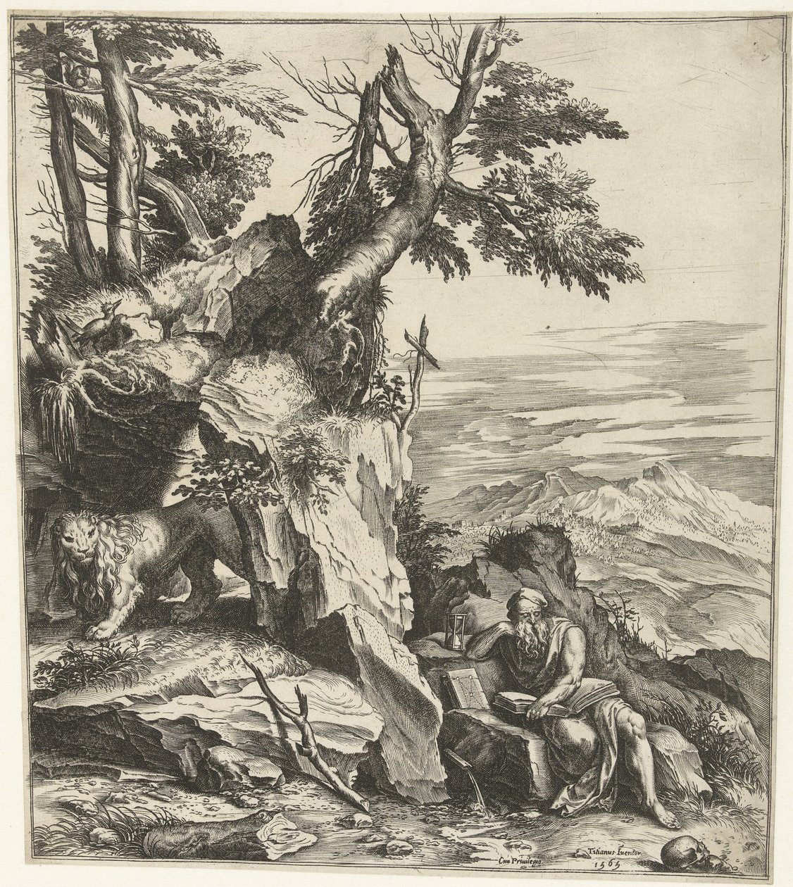 Landschap met lezende Hieronymus door Cornelis Cort