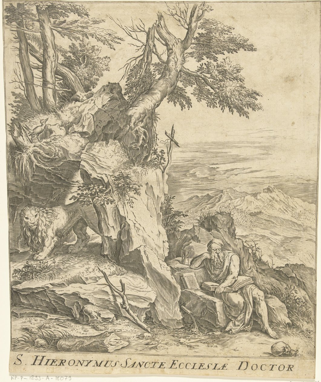 Landschap met lezende Hieronymus door Cornelis Cort