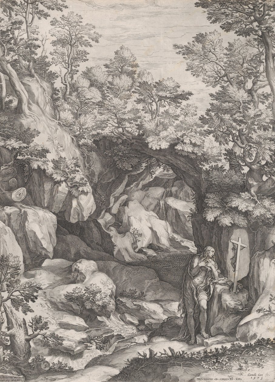 Maria Magdalena berouwvol in de wildernis. door Cornelis Cort