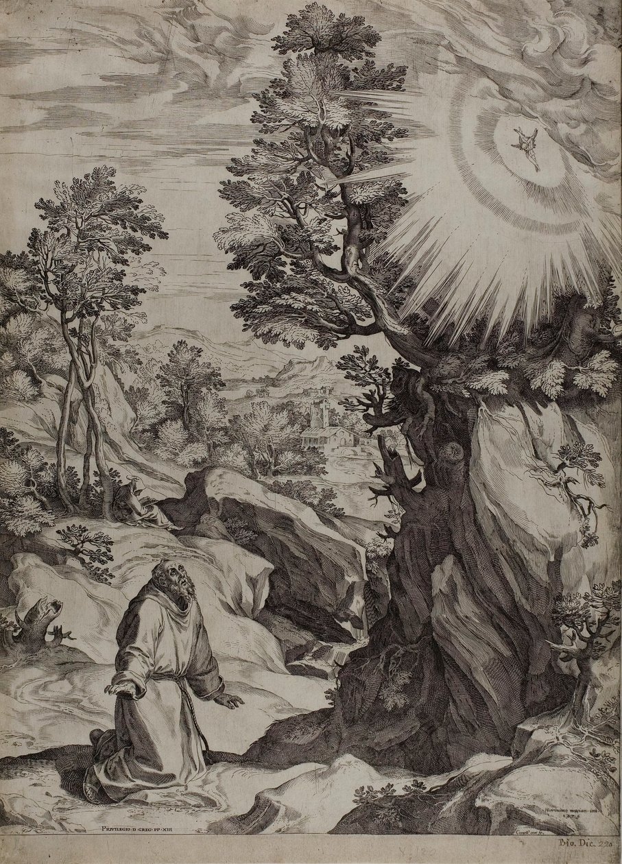Heilige Franciscus boetvaardig in een groot landschap door Cornelis Cort