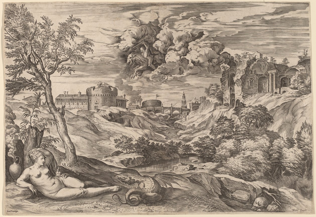 Landschap met Roger die Angelica Bevrijdt door Cornelis Cort after Titian