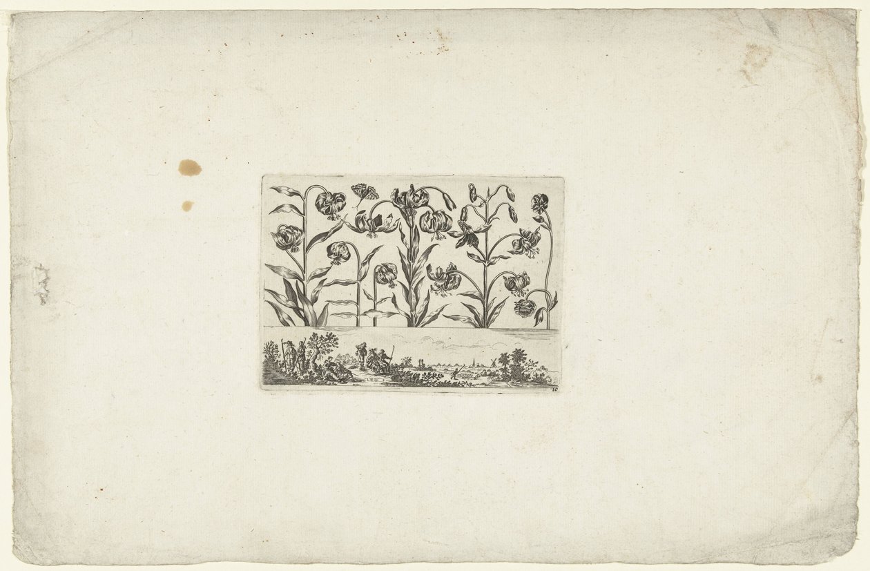 Rij bloemen boven landschap Bloemen en landschappen (series title) door Cornelis Danckerts (I)