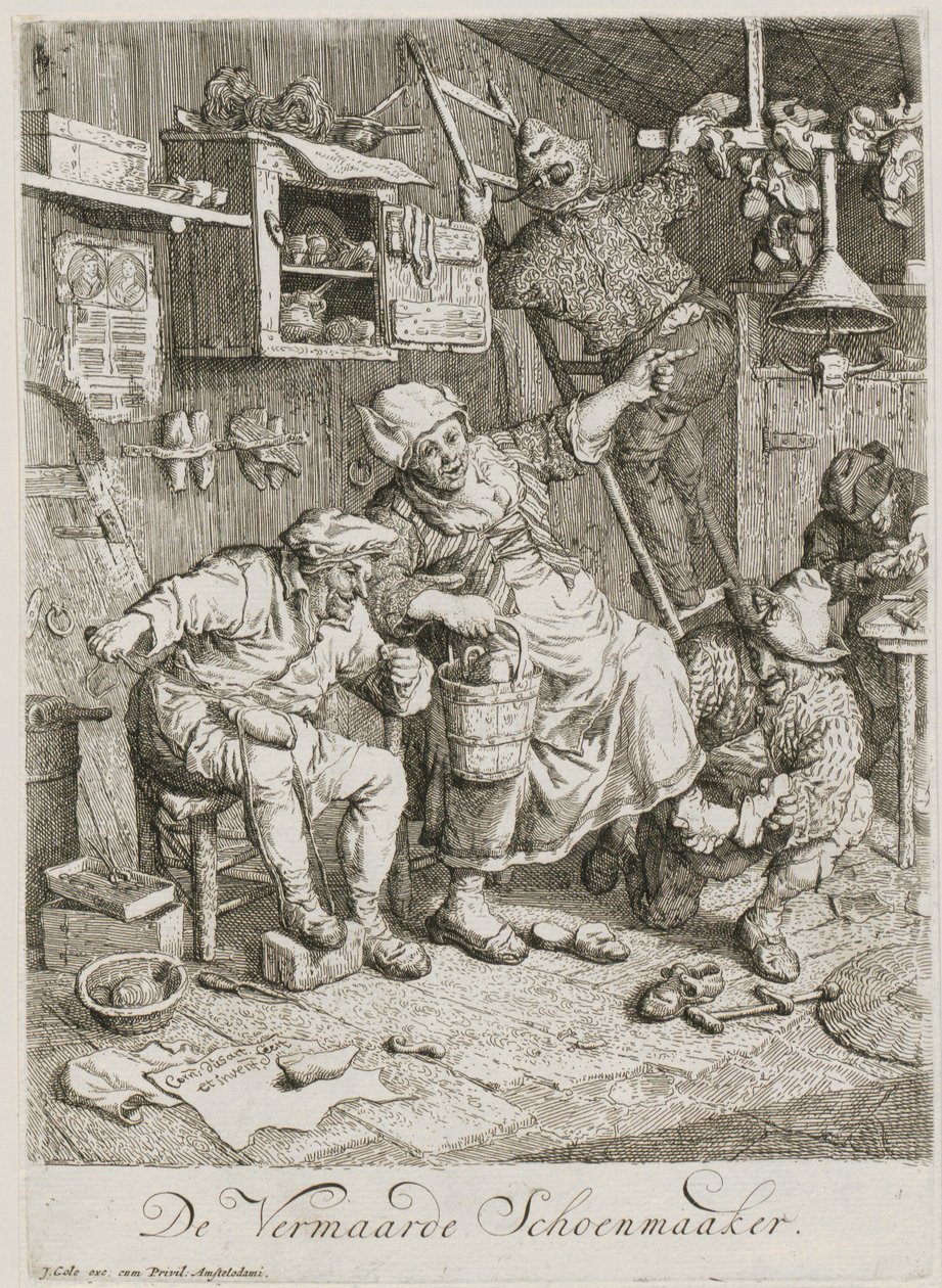 Beroemde schoenmaker, blad 3 van een reeks van drie genrestukken door Cornelis Dusart