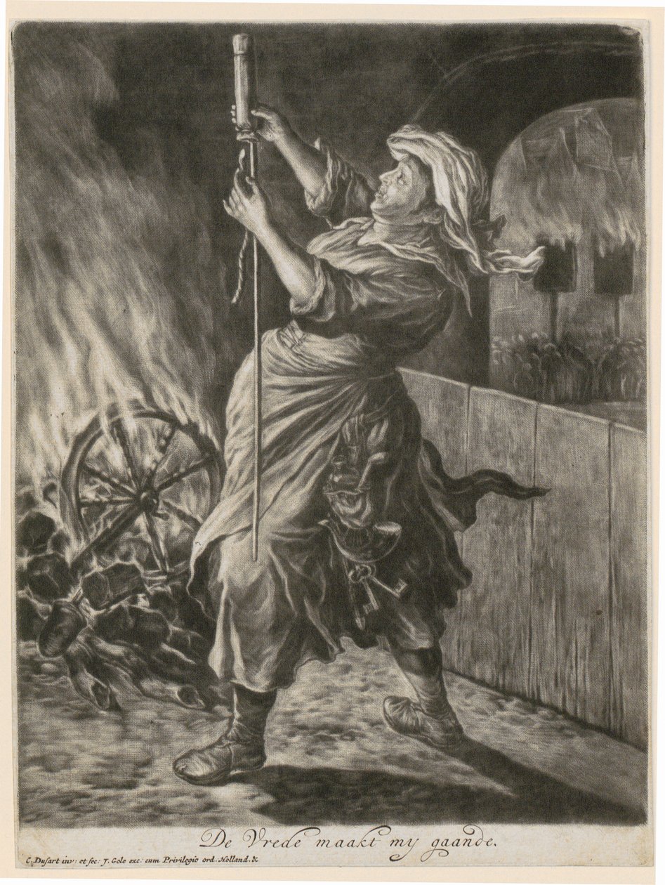 Een vrouw steekt een lichtkogel af, blad 5 uit de serie „Algemene vreugde over het beleg van Namen door Willem III, 1695” door Cornelis Dusart