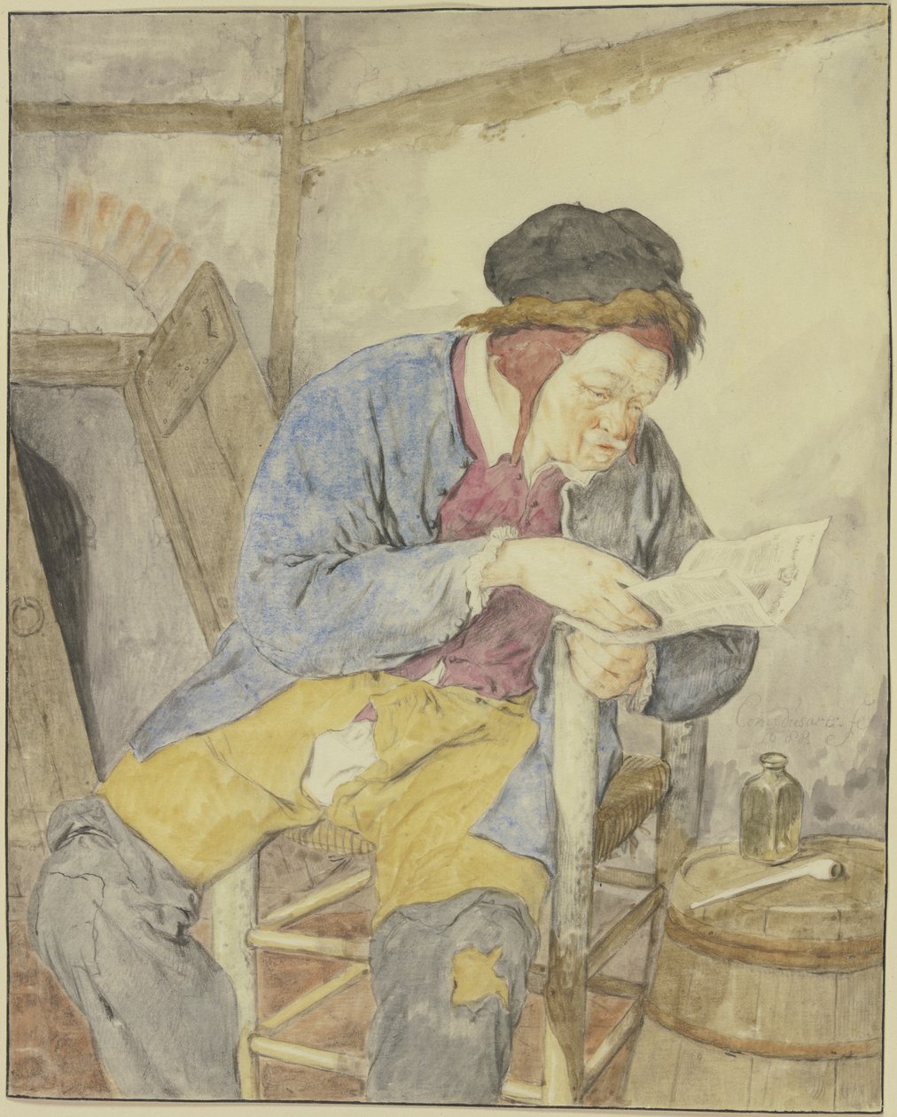 Krantenlezer bij een vat door Cornelis Dusart