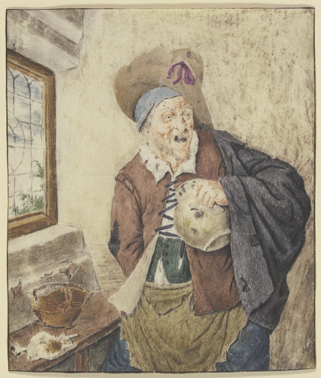 Haveloze boer bij een raam, met een kruik in de hand door Cornelis Dusart