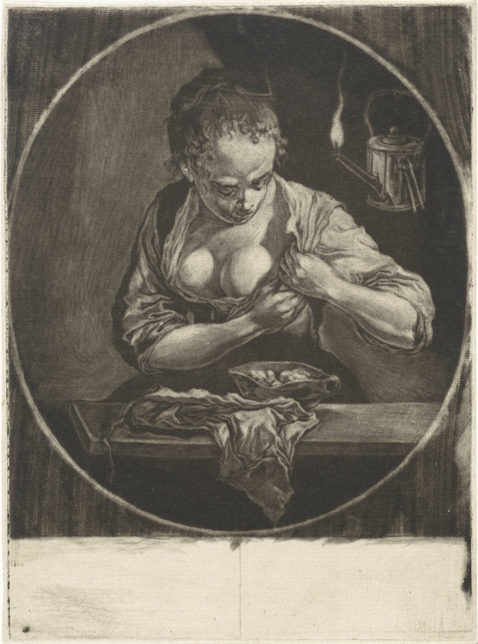 Zich vlooiende vrouw door Cornelis Dusart