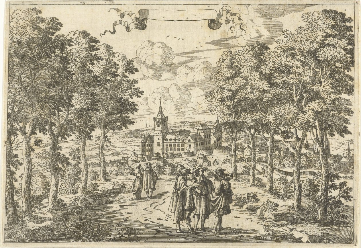 Wandelaars en een kasteel door Cornelis Elandts