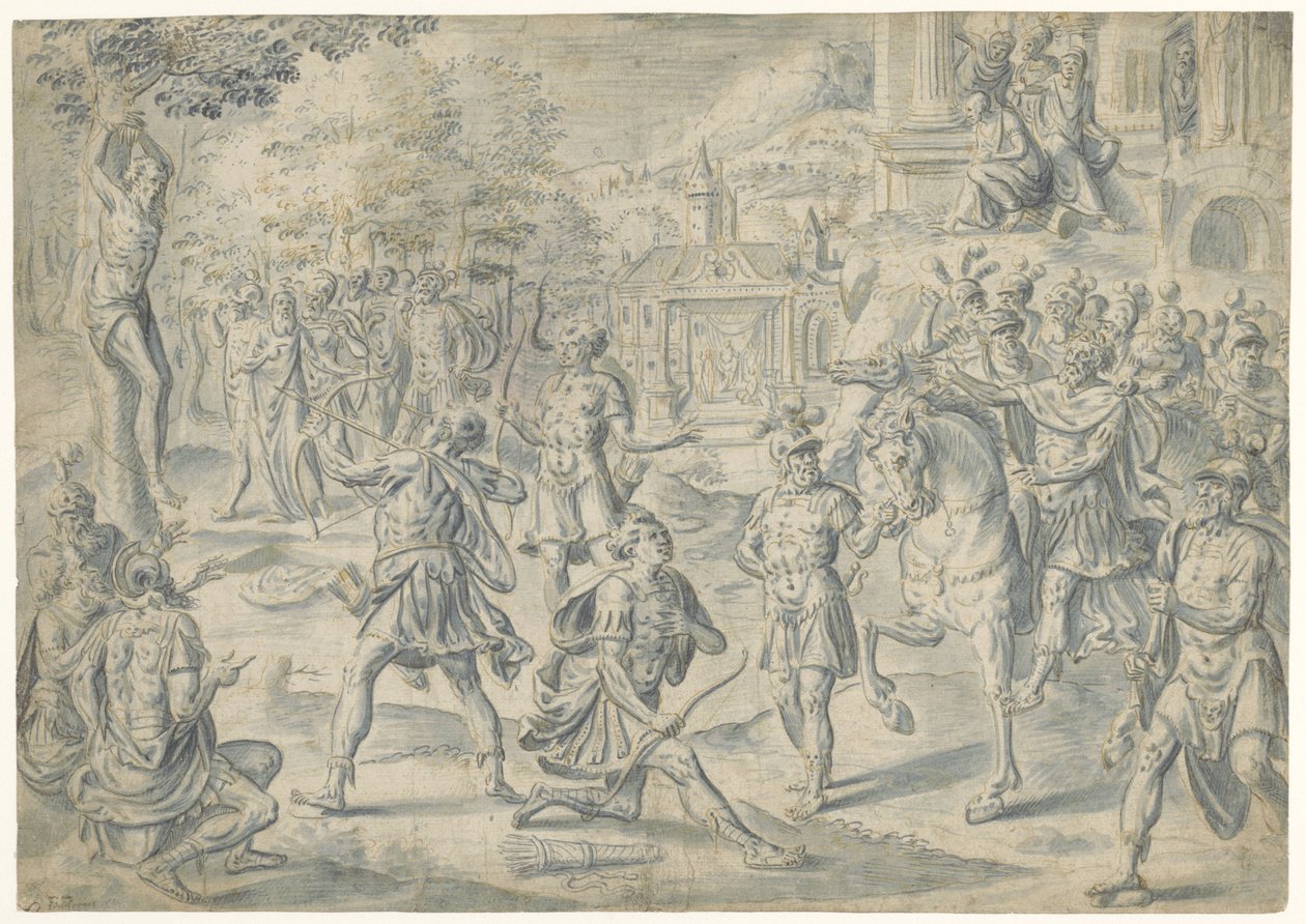 Schieten op vaders lijk door Cornelis Floris (II) (circle of)