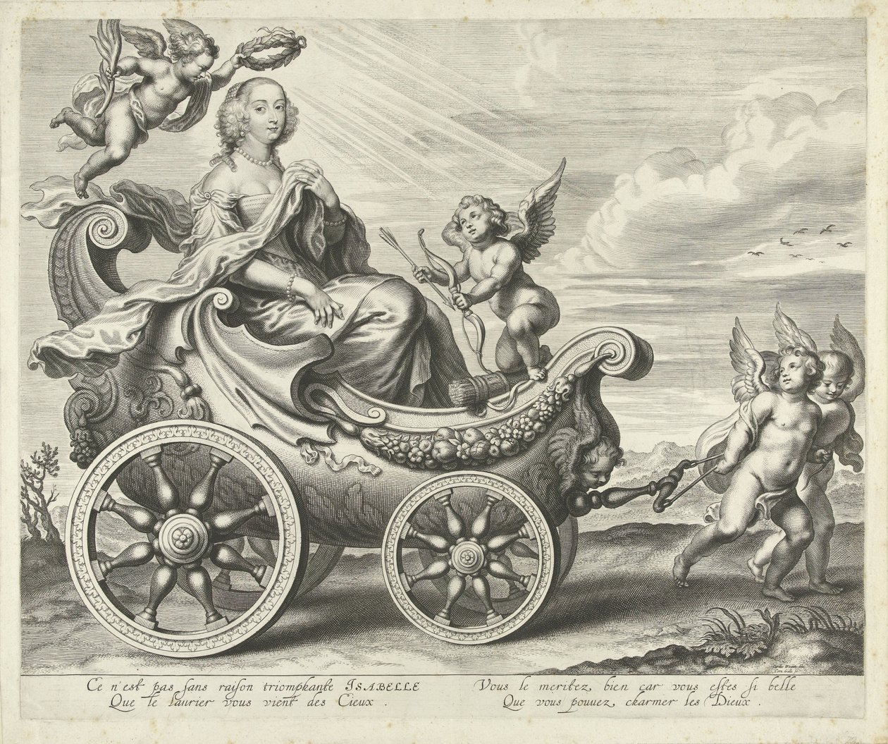 Clara Isabella de Ligne-Arenberg (?) in een triomfwagen door Cornelis Galle (I)