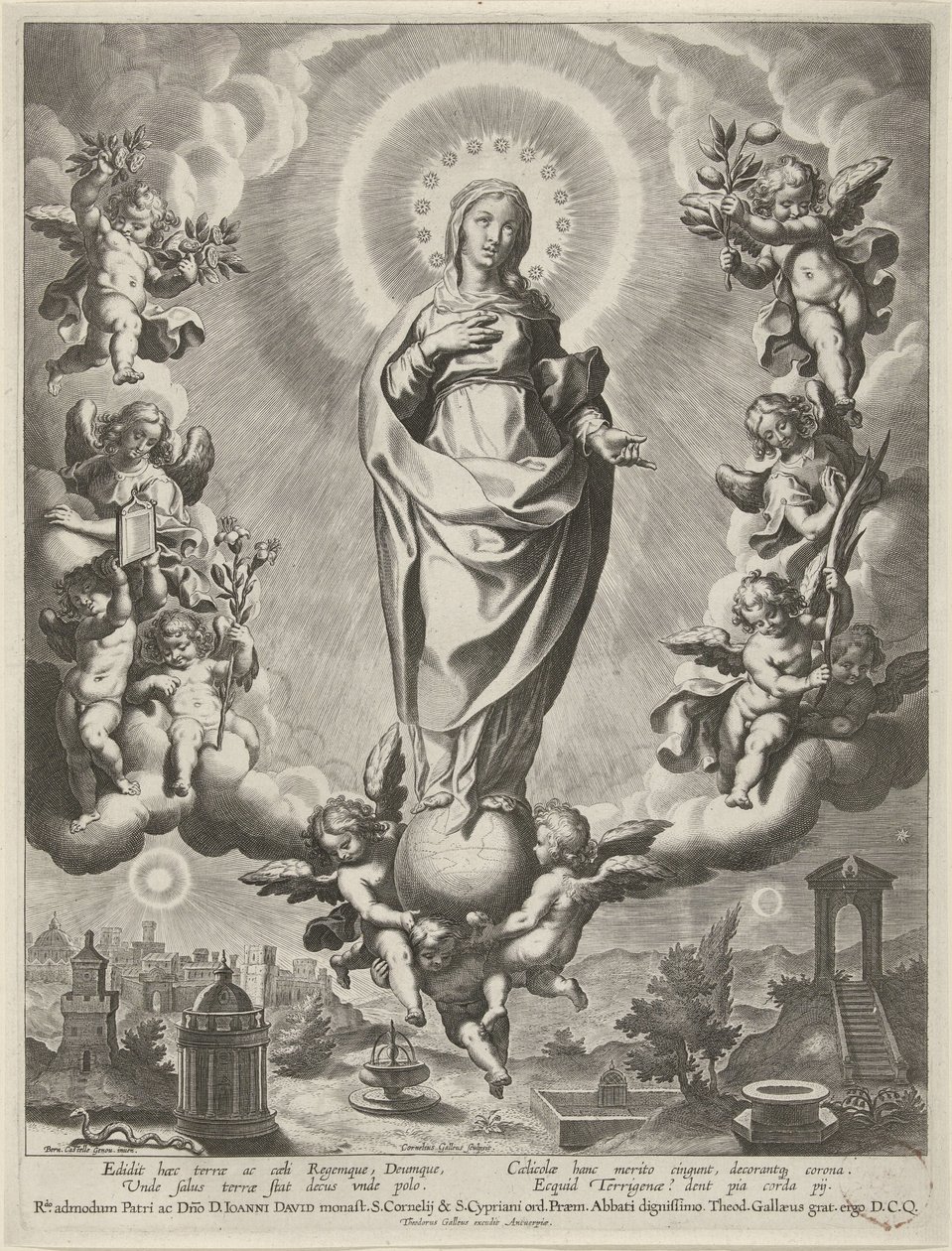 Maria op een globe, omringd door engelen door Cornelis Galle (I)