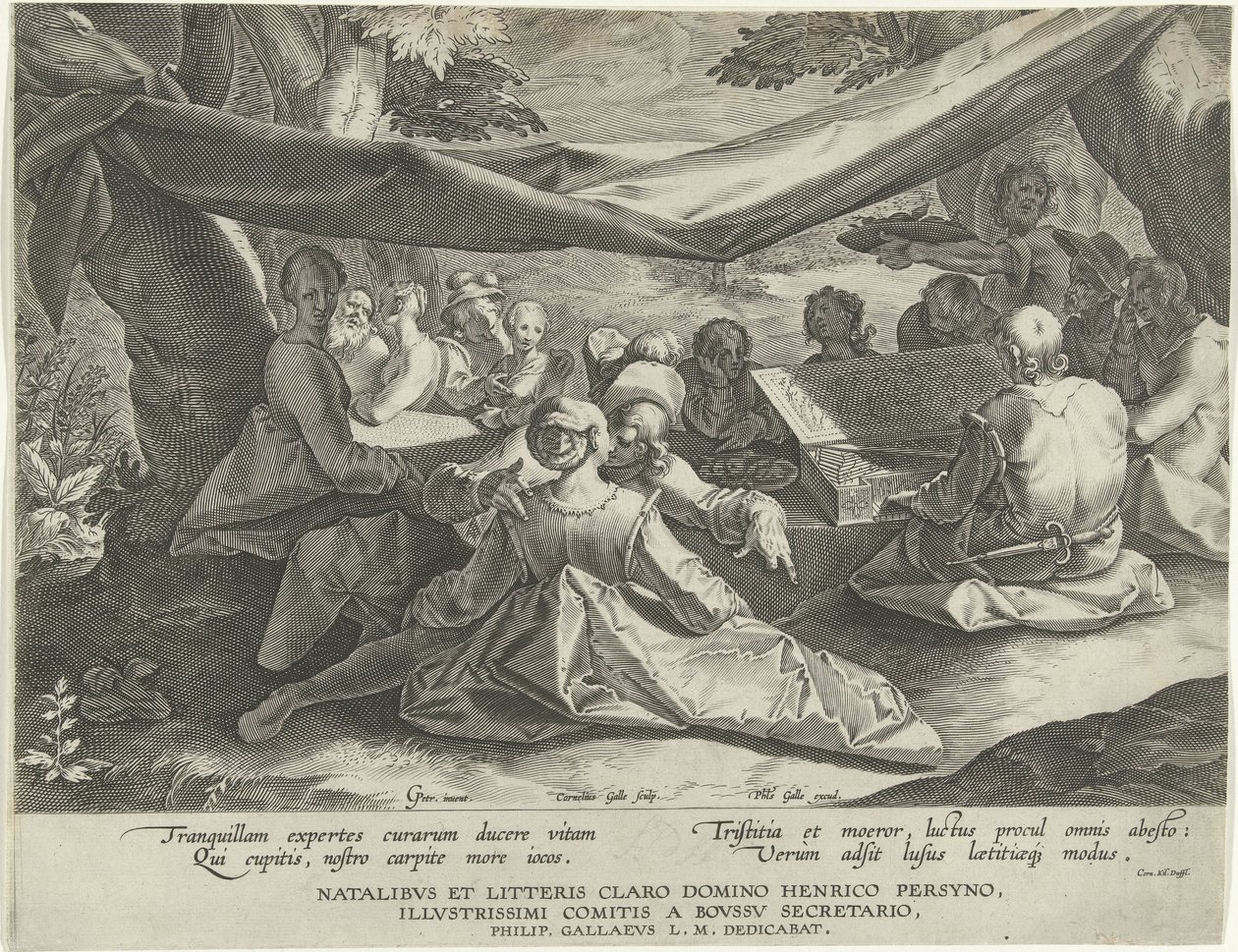 Musicerend gezelschap met man achter virginaal door Cornelis Galle (I)