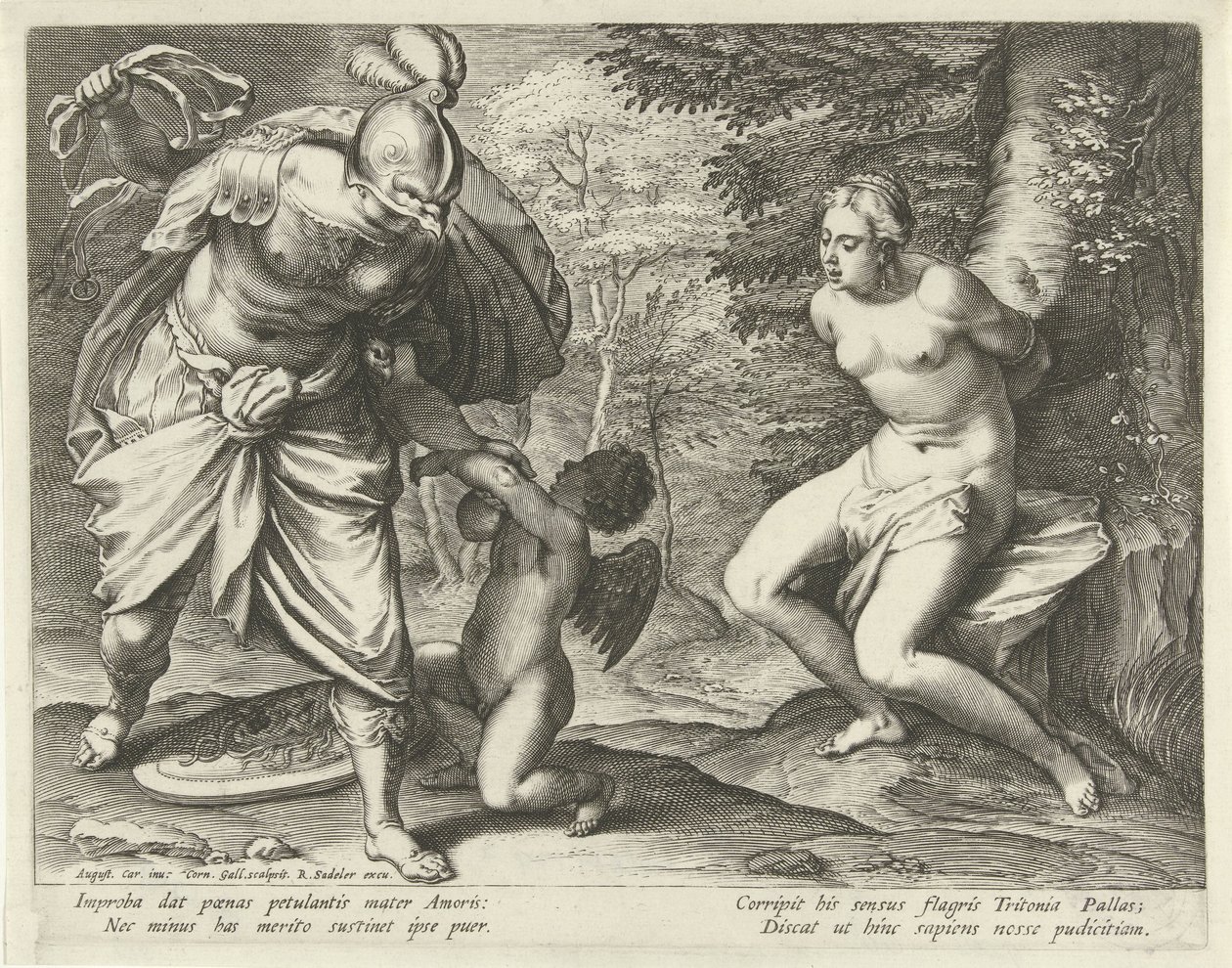 Venus aan een boom gebonden en Amor door Minerva gestraft door Cornelis Galle (I)
