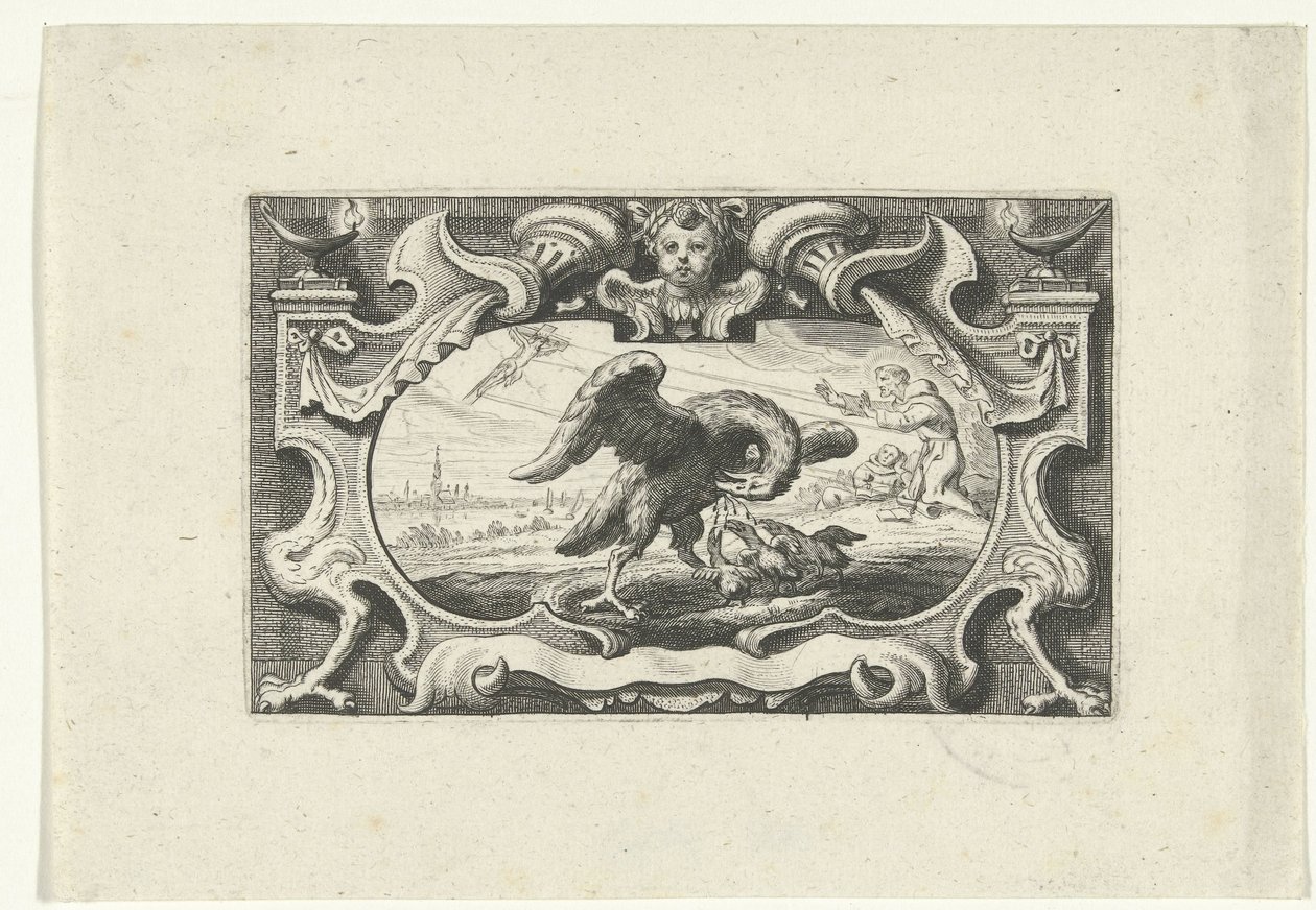 Vignet met pelikaan die zijn jongen met eigen bloed voedt door Cornelis Galle (II) (attributed to)