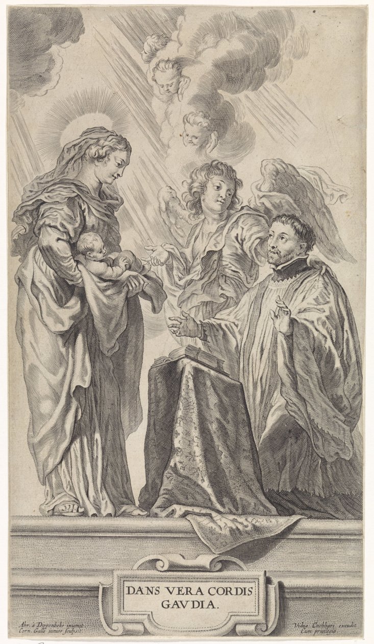 Een onbekende heilige (Ignatius van Loyola?) knielt voor Maria met kind door Cornelis Galle (II)