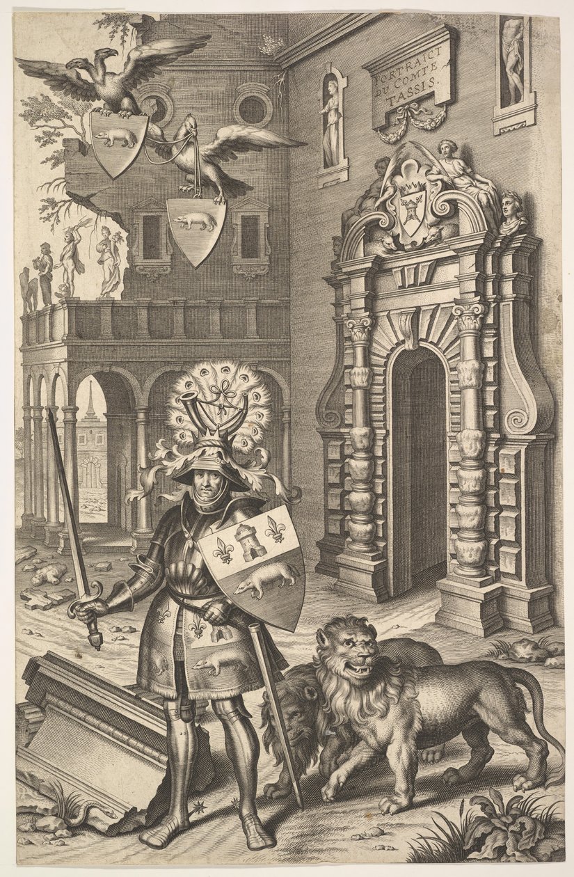 Allegorisch portret van Graaf Tassis illustratie uit Jean Jacques Chifflet, Les marques ..., 1645 door Cornelis Galle I