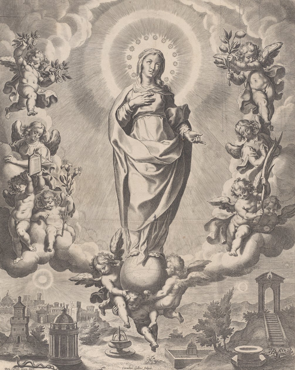 De Maagd in Glorie, staand op wolken en omringd door engelen met symbolen door Cornelis Galle I
