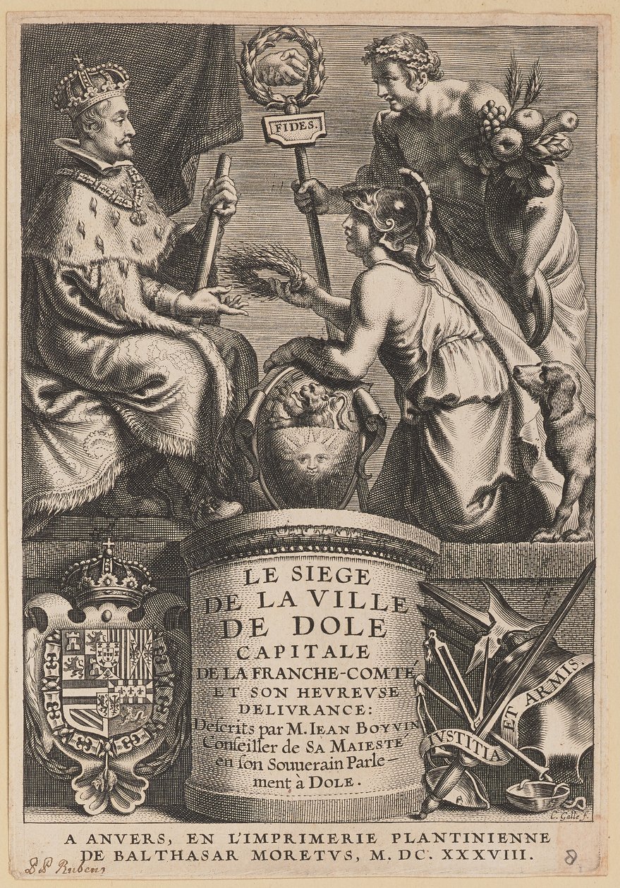 Titelpagina voor Jean Boyvin, Le Siège de la Ville de Dole door Cornelis Galle I after Erasmus Quellinus II after Sir Peter Paul Rubens