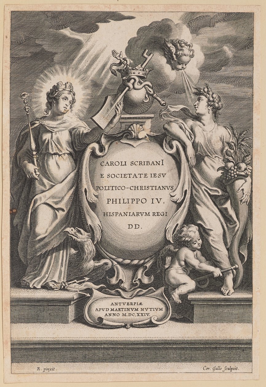 Titelpagina voor Carolus Scribani, Politico-Christianus door Cornelis Galle I after Sir Peter Paul Rubens