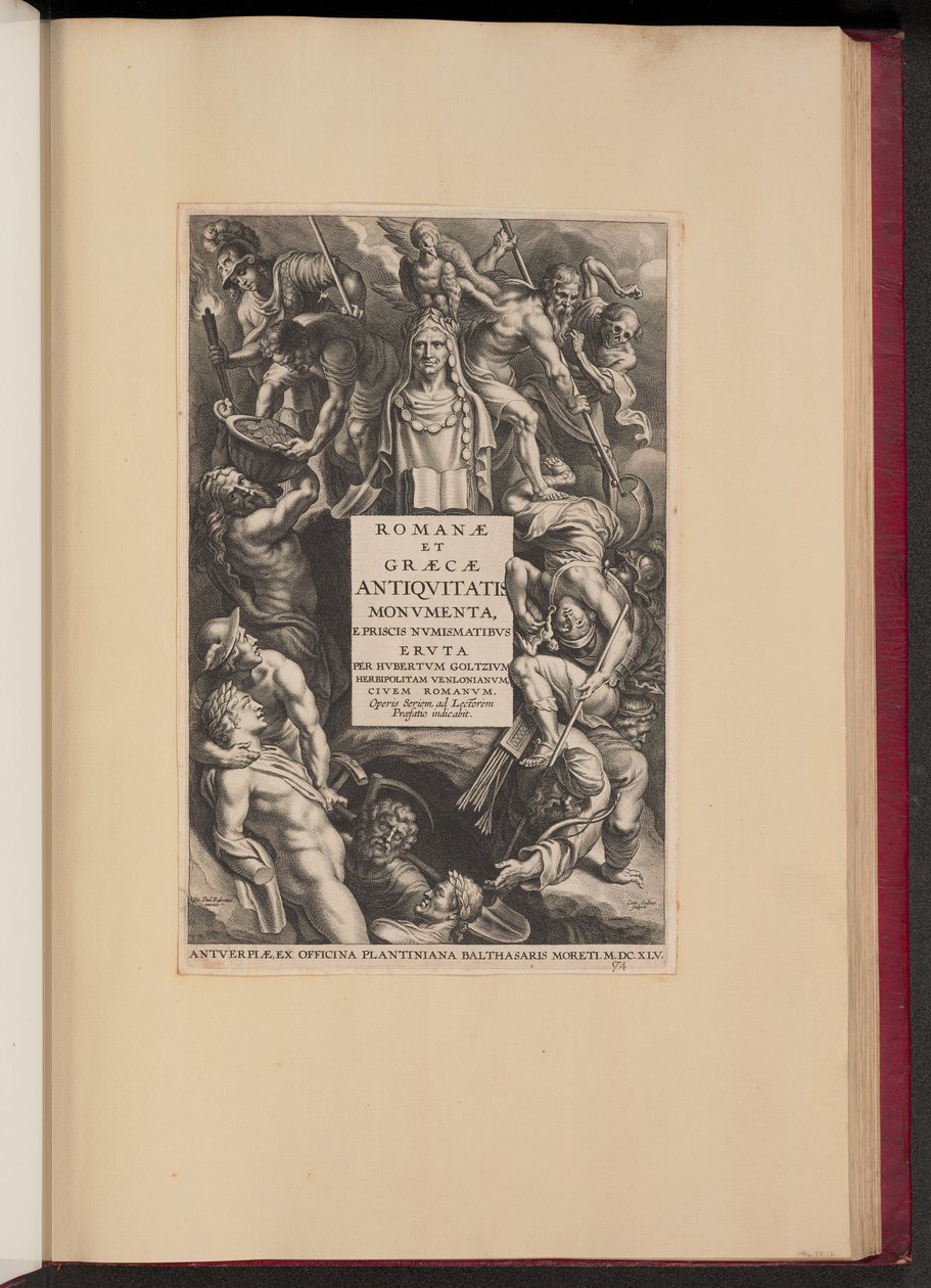 Titelpagina voor Hubert Goltzius, Romanae et Graecae Antiqvitatis Monvmenta (Opera Omnia, I) door Cornelis Galle I after Sir Peter Paul Rubens