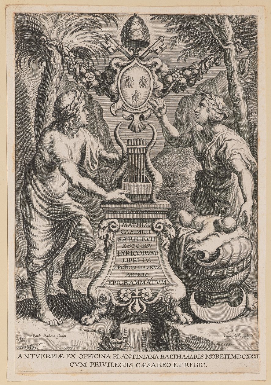 Titelpagina voor M.C. Sarbievski, Lyricorum Libri IV door Cornelis Galle I after Sir Peter Paul Rubens
