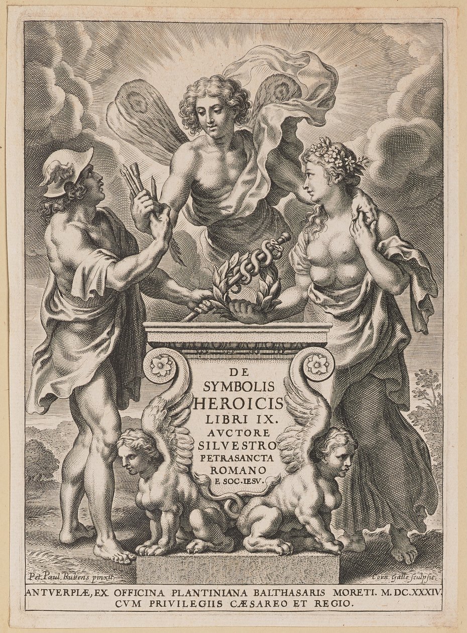 Titelpagina voor Silvester Pietrasanta, De Symbolis Heroicis door Cornelis Galle I after Sir Peter Paul Rubens