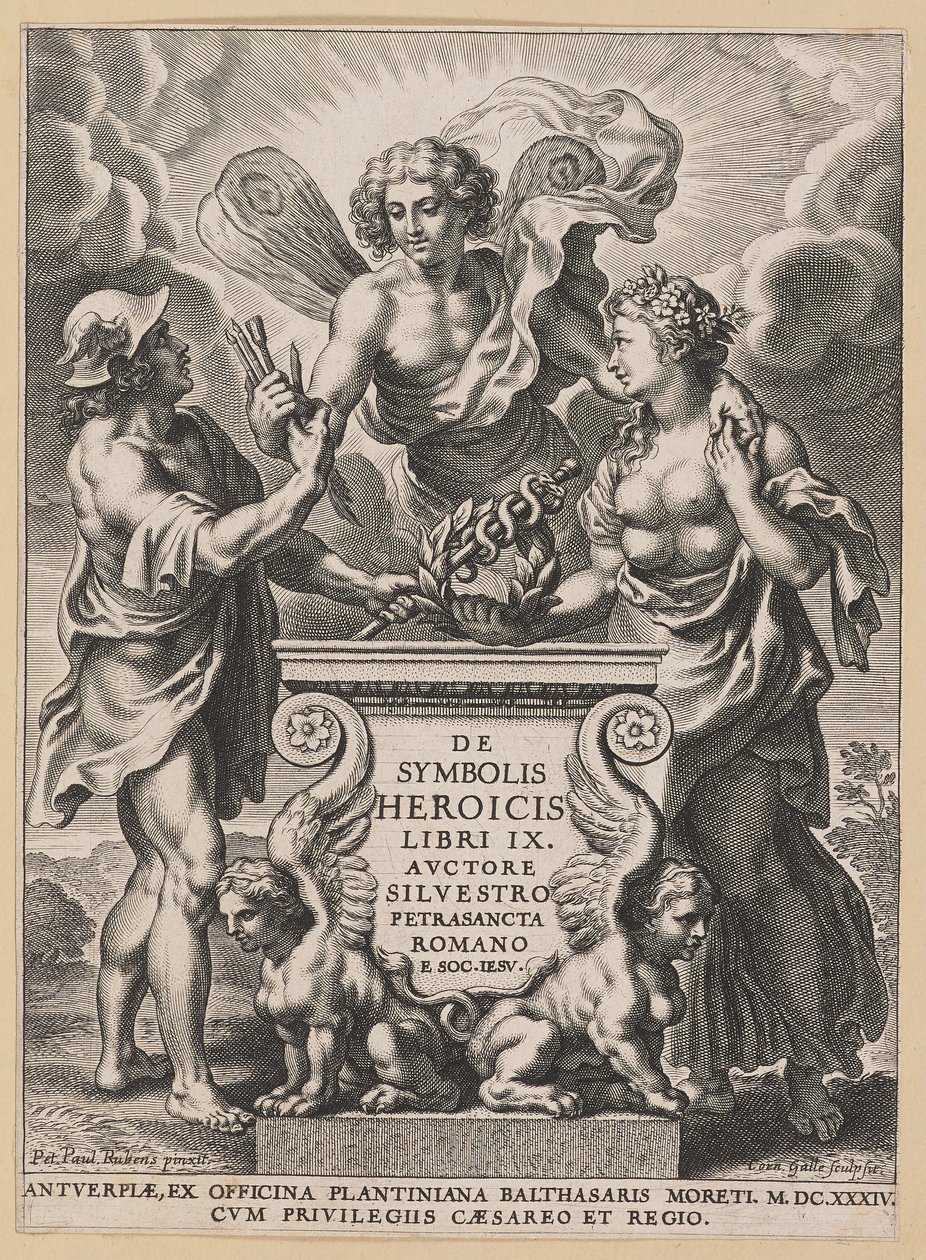 Titelpagina voor Silvester Pietrasanta, De Symbolis Heroicis door Cornelis Galle I after Sir Peter Paul Rubens