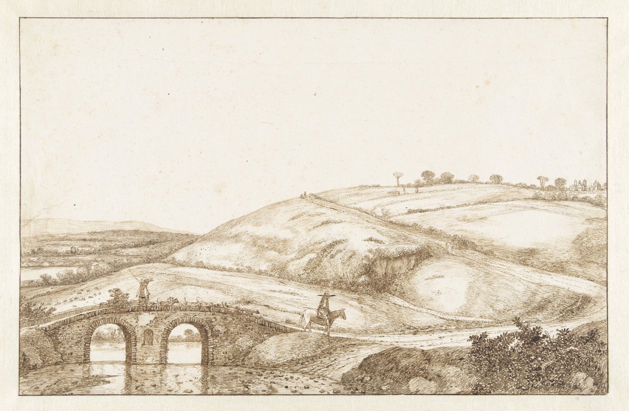 Heuvellandschap met stenen brug door Hendrick Cornelisz. Vroom