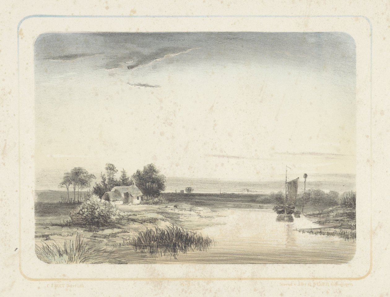 Rivierlandschap met huis en zeilboot door Cornelis Jan Bolt
