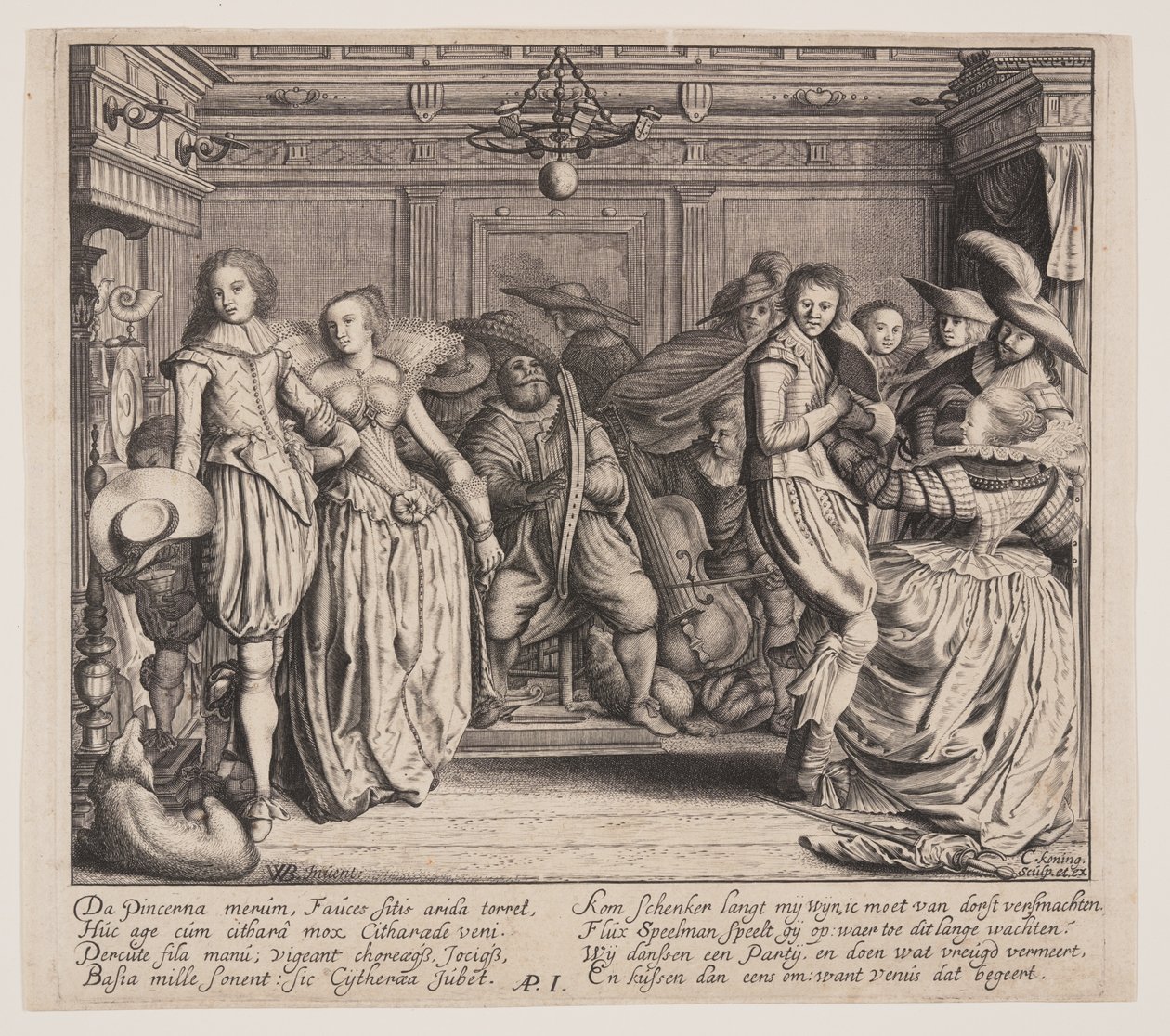 Interieur met muzikanten en dansende koppels door Cornelis Koning