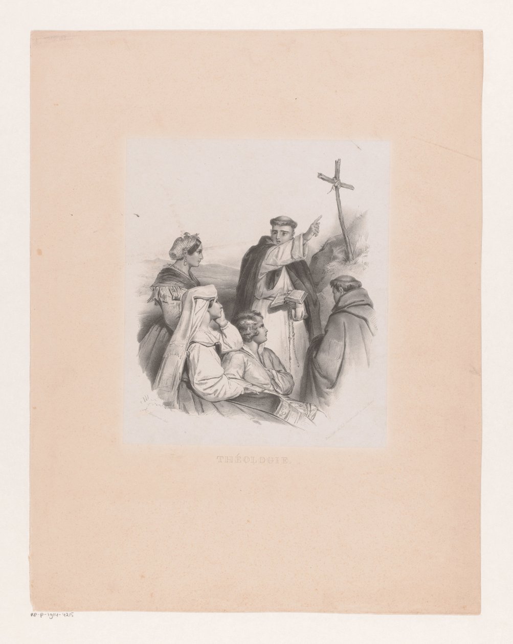 Gezelschap en monniken bij een kruis door Cornelis Kruseman