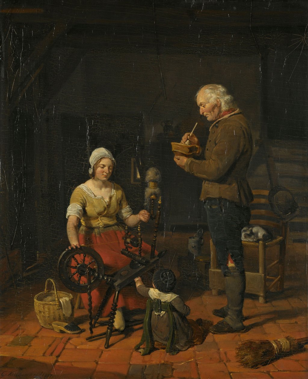 Interieur met boerenfamilie en slapende kat door Cornelis Kruseman