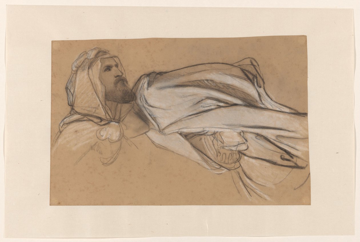 Studies voor de prediking van Johannes de Doper in de woestijn: mannenkop en draperiestudie van een zittende figuur door Cornelis Kruseman
