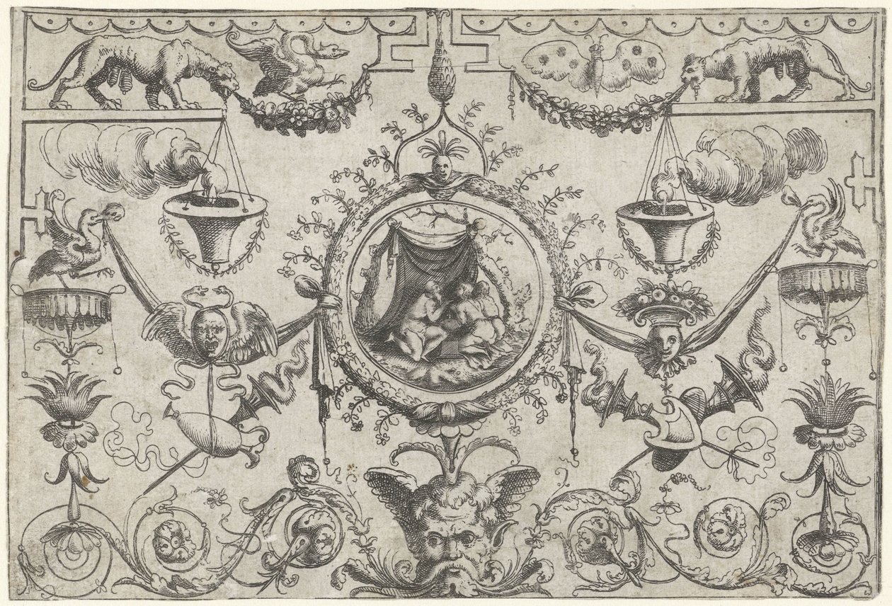 Ornament met drie figuren geknield onder een doek door Cornelis Massijs (attributed to)