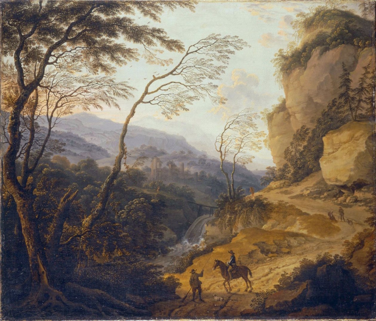 Dutch: Berglandschap met een ruiter en een jager in gesprek door Cornelis Matthieu
