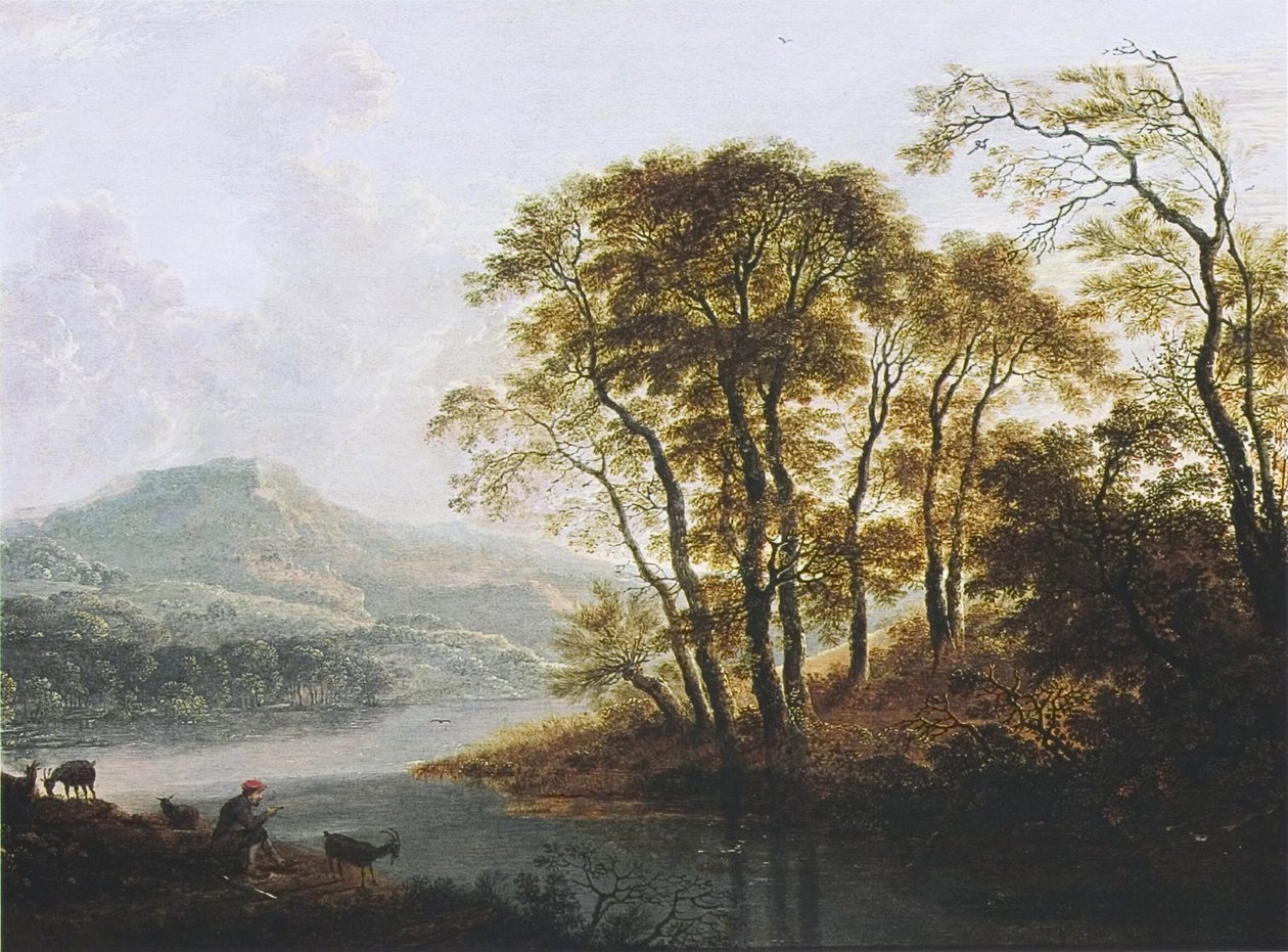Dutch: Boomrijk rivierlandschap met geitenhoeder Wooded river landscape with goatherd door Cornelis Matthieu
